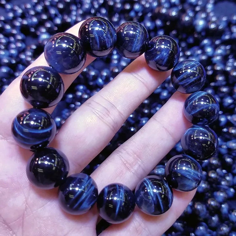 Blue Tiger Eye Natural Stone Beaded Bracelet Handmade Unisex Jewelry