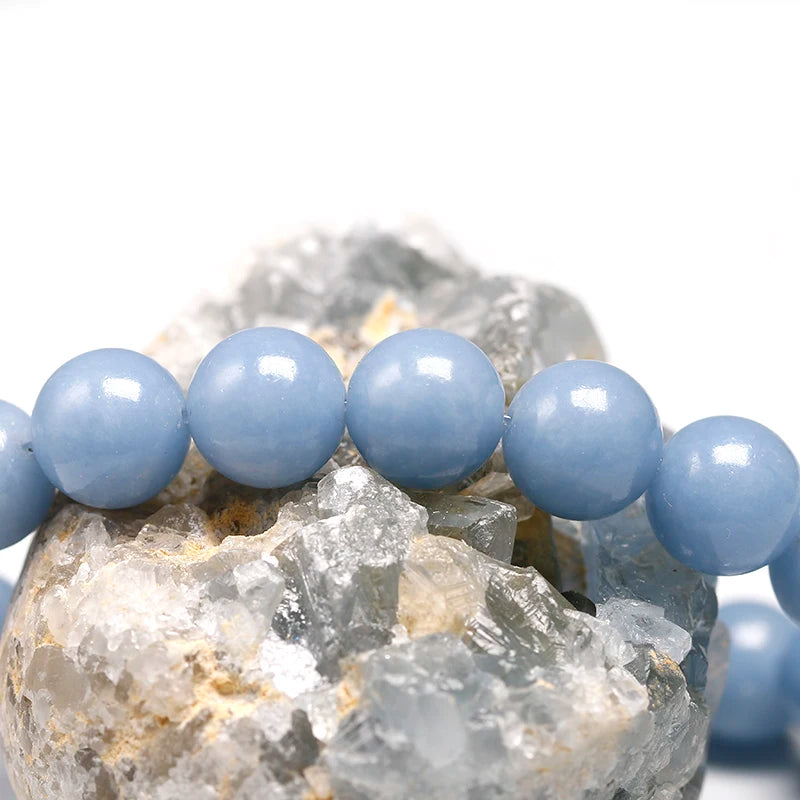 Natural Peru Blue Angelite Beaded Bracelet – Round Gemstone Jewelry for Men and Women