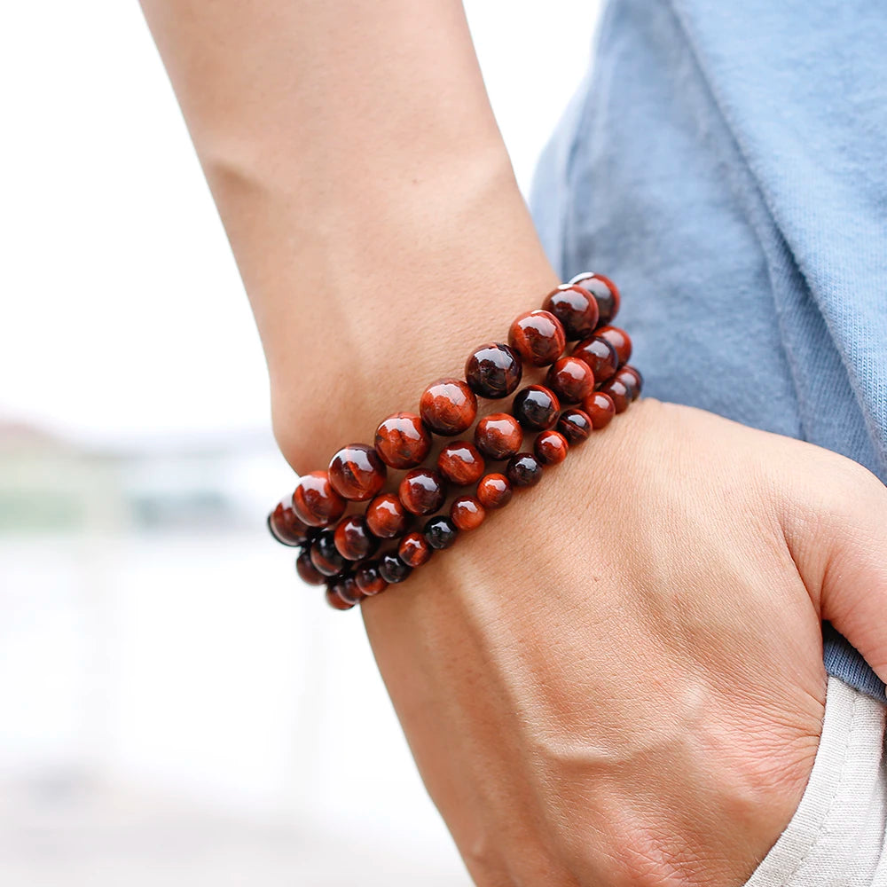 Red Tiger Eye Natural Stone Beaded Bracelet Unisex Handmade Yoga Jewelry