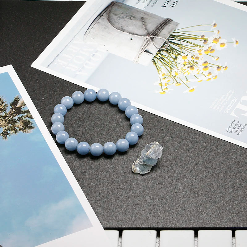 Natural Peru Blue Angelite Beaded Bracelet – Round Gemstone Jewelry for Men and Women