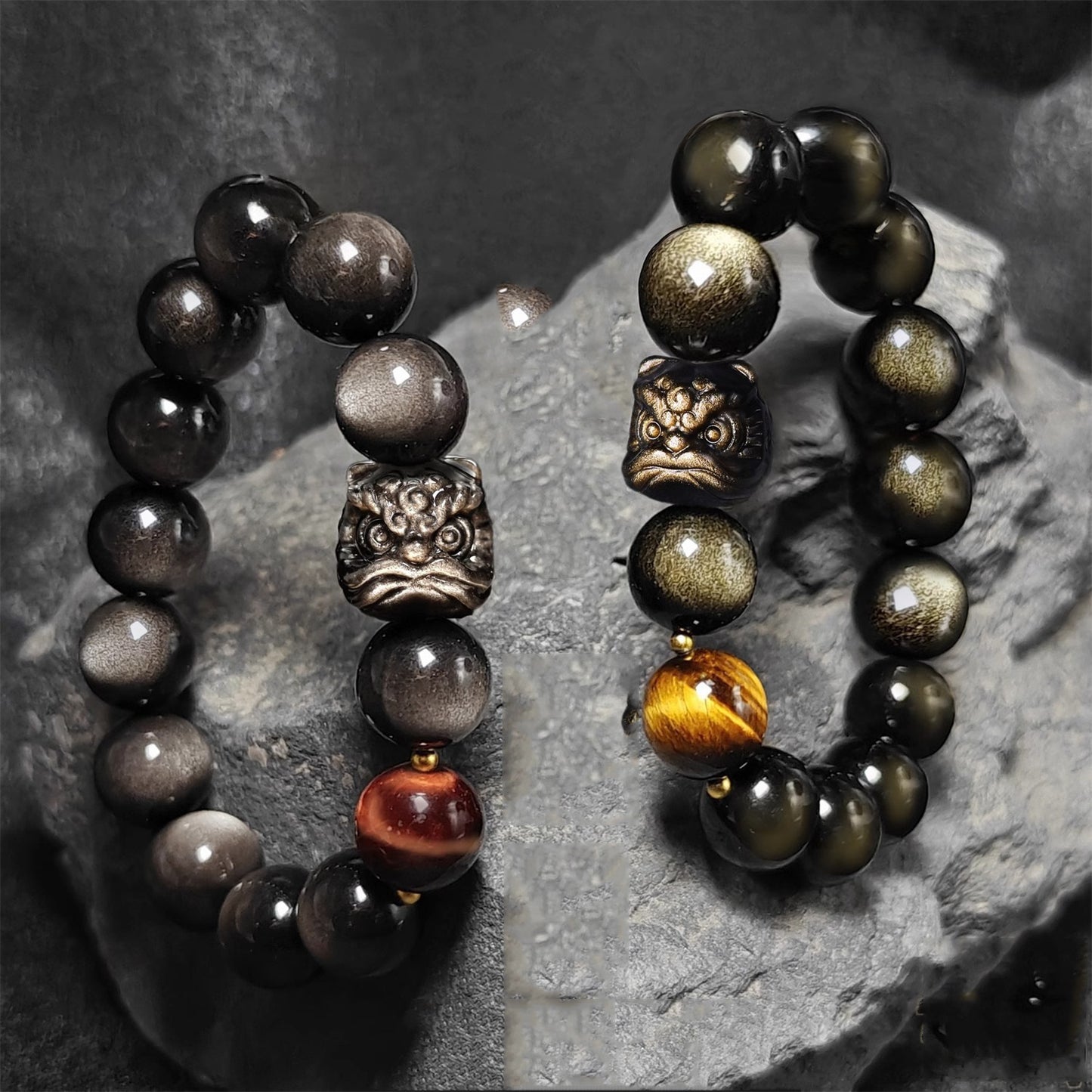 Lion Guardian Obsidian Bracelet with Tiger’s Eye & Dragon Crystal | Men’s Protection Beaded Jewelry