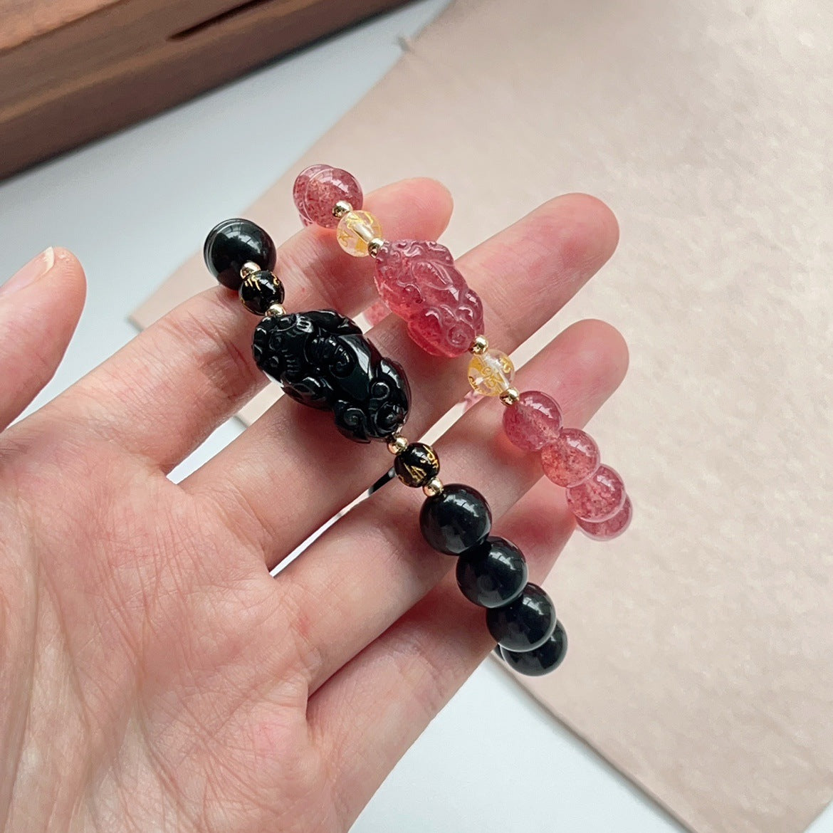 Couple Crystal Bracelets – Natural Obsidian & Rose Quartz Matching Set for Him & Her