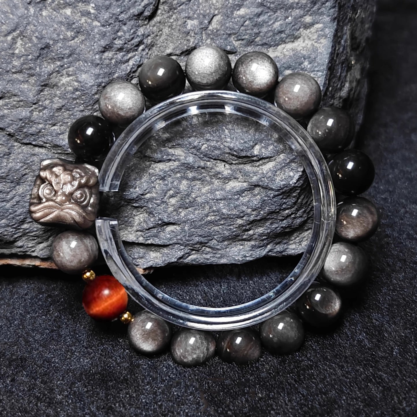 Lion Guardian Obsidian Bracelet with Tiger’s Eye & Dragon Crystal | Men’s Protection Beaded Jewelry