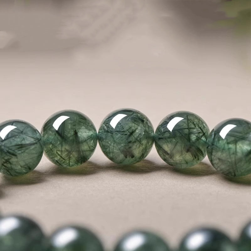Natural Green Rutilated Quartz Bead Bracelet, 6mm/8mm/10mm, Unisex Jewelry Gift
