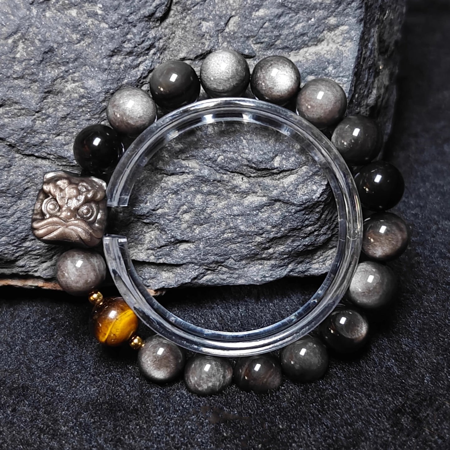 Lion Guardian Obsidian Bracelet with Tiger’s Eye & Dragon Crystal | Men’s Protection Beaded Jewelry