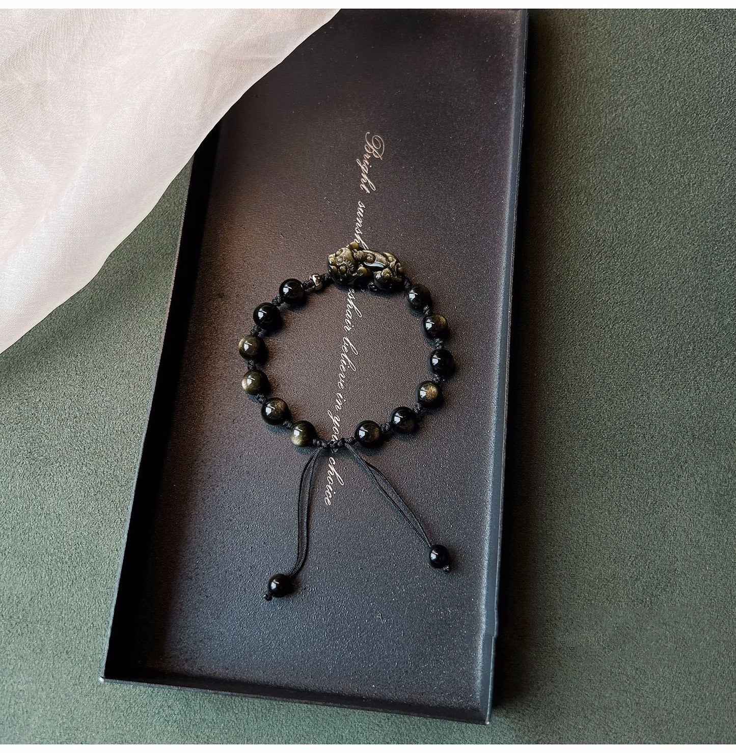 Natural Black Obsidian Bead Bracelet with Adjustable Braided Cord – Unisex Jewelry Gift