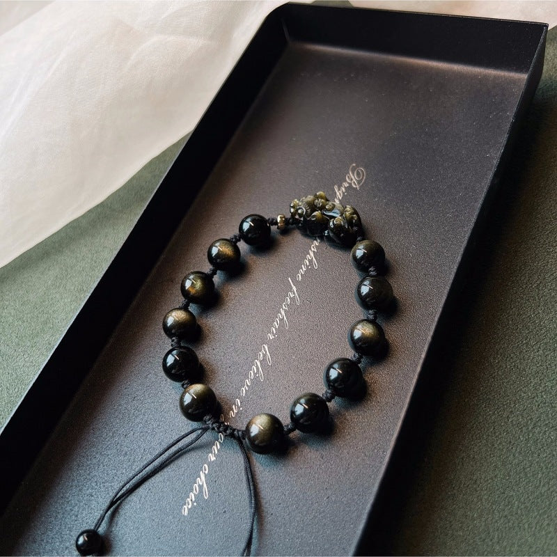 Natural Black Obsidian Bead Bracelet with Adjustable Braided Cord – Unisex Jewelry Gift