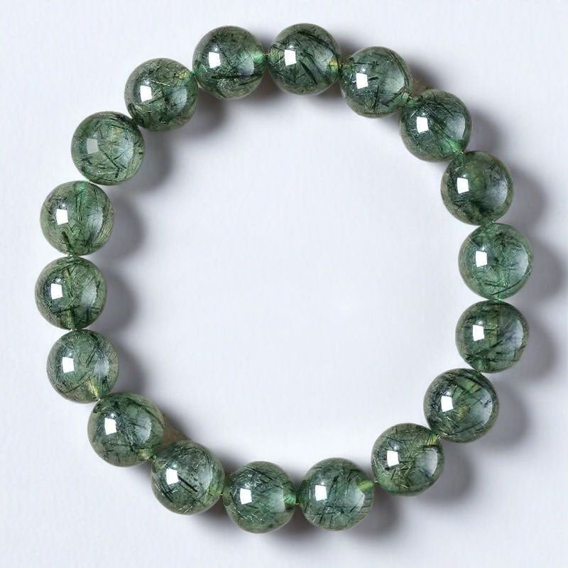 Natural Green Rutilated Quartz Bead Bracelet, 6mm/8mm/10mm, Unisex Jewelry Gift
