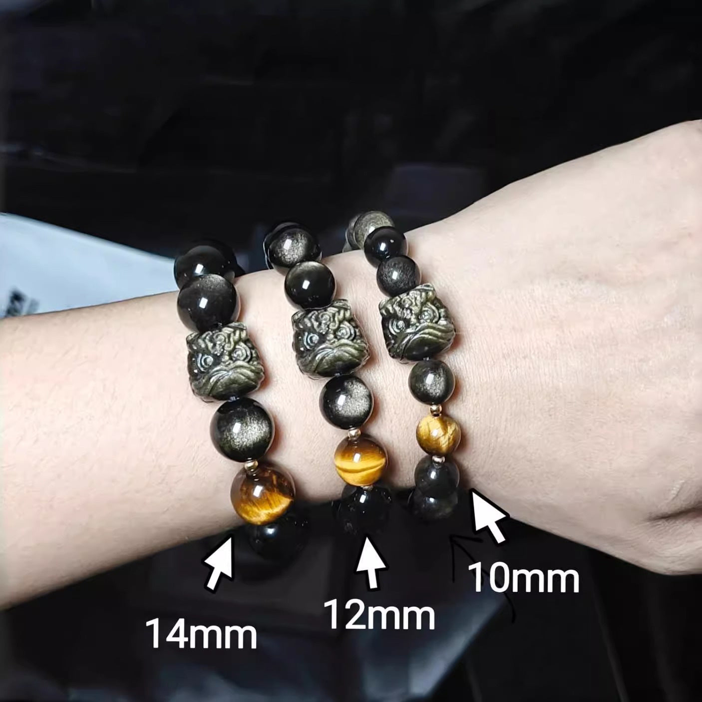 Lion Guardian Obsidian Bracelet with Tiger’s Eye & Dragon Crystal | Men’s Protection Beaded Jewelry