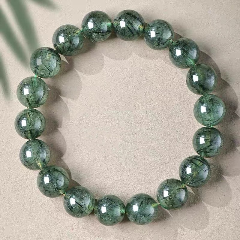Natural Green Rutilated Quartz Bead Bracelet, 6mm/8mm/10mm, Unisex Jewelry Gift