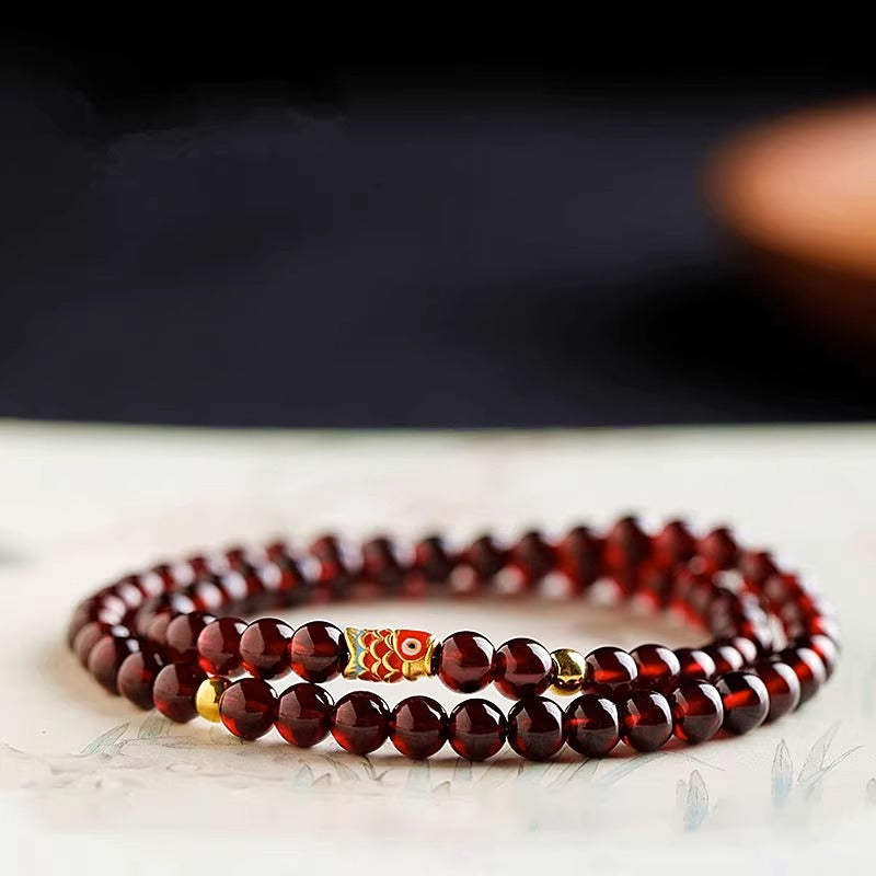 Natural Red Garnet Bead Bracelet with 925 Silver Charm – Single & Double Strand Options