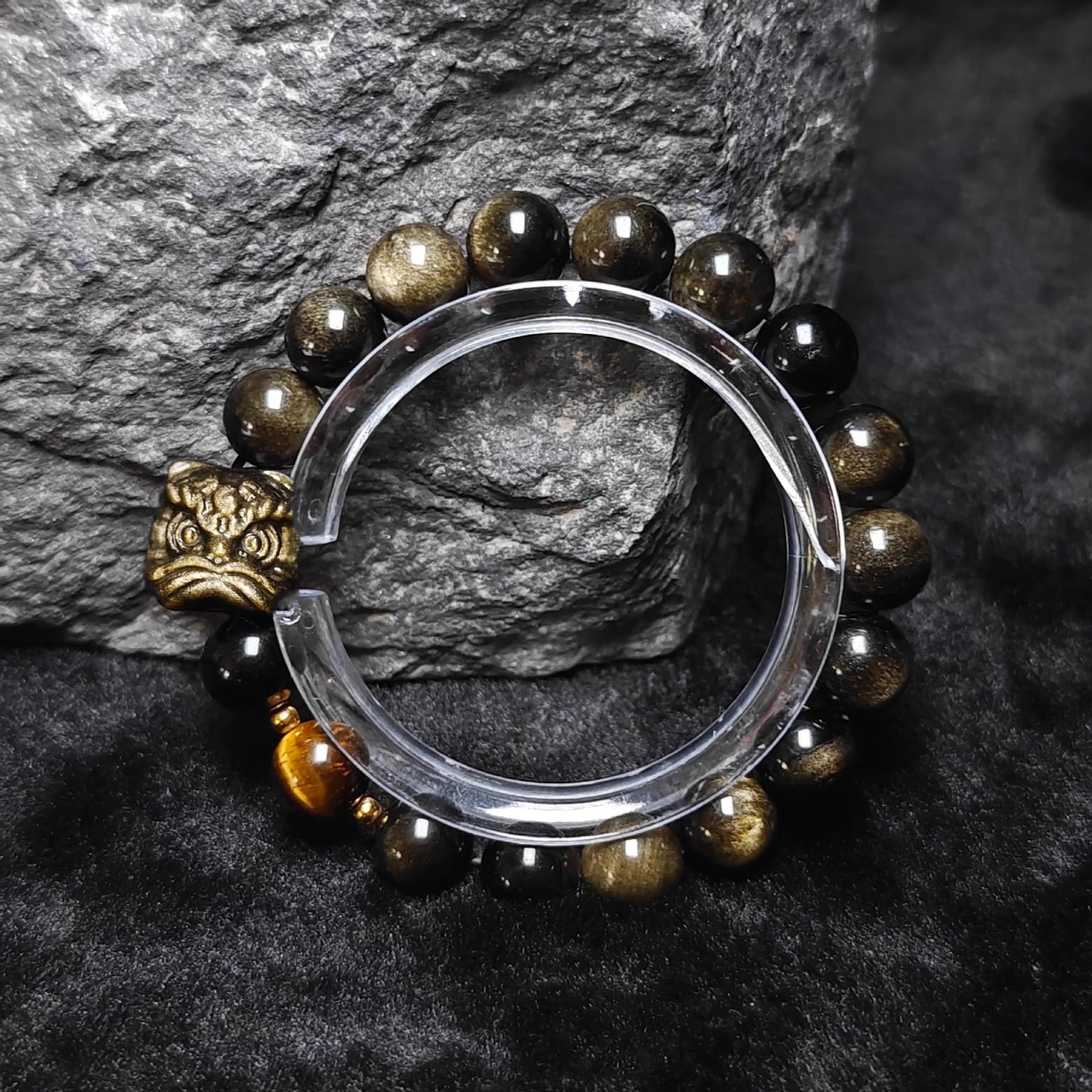 Lion Guardian Obsidian Bracelet with Tiger’s Eye & Dragon Crystal | Men’s Protection Beaded Jewelry
