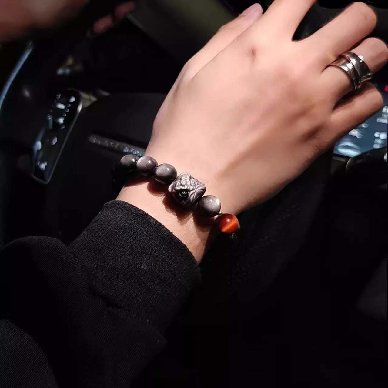 Lion Guardian Obsidian Bracelet with Tiger’s Eye & Dragon Crystal | Men’s Protection Beaded Jewelry
