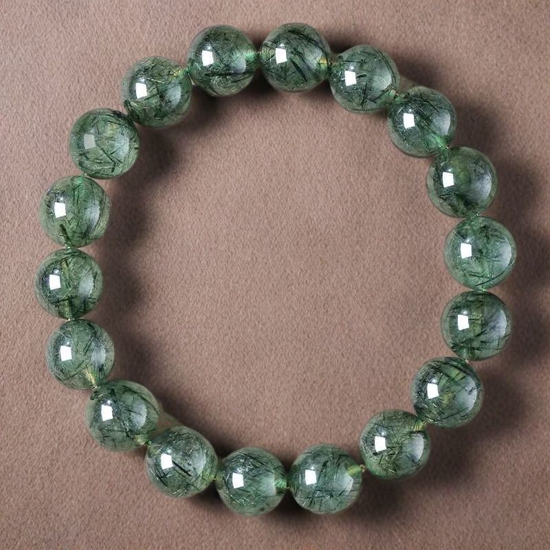 Natural Green Rutilated Quartz Bead Bracelet, 6mm/8mm/10mm, Unisex Jewelry Gift