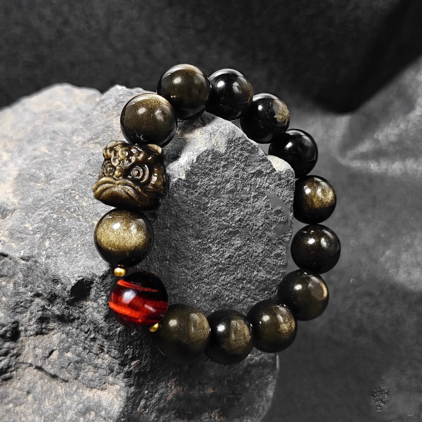 Lion Guardian Obsidian Bracelet with Tiger’s Eye & Dragon Crystal | Men’s Protection Beaded Jewelry