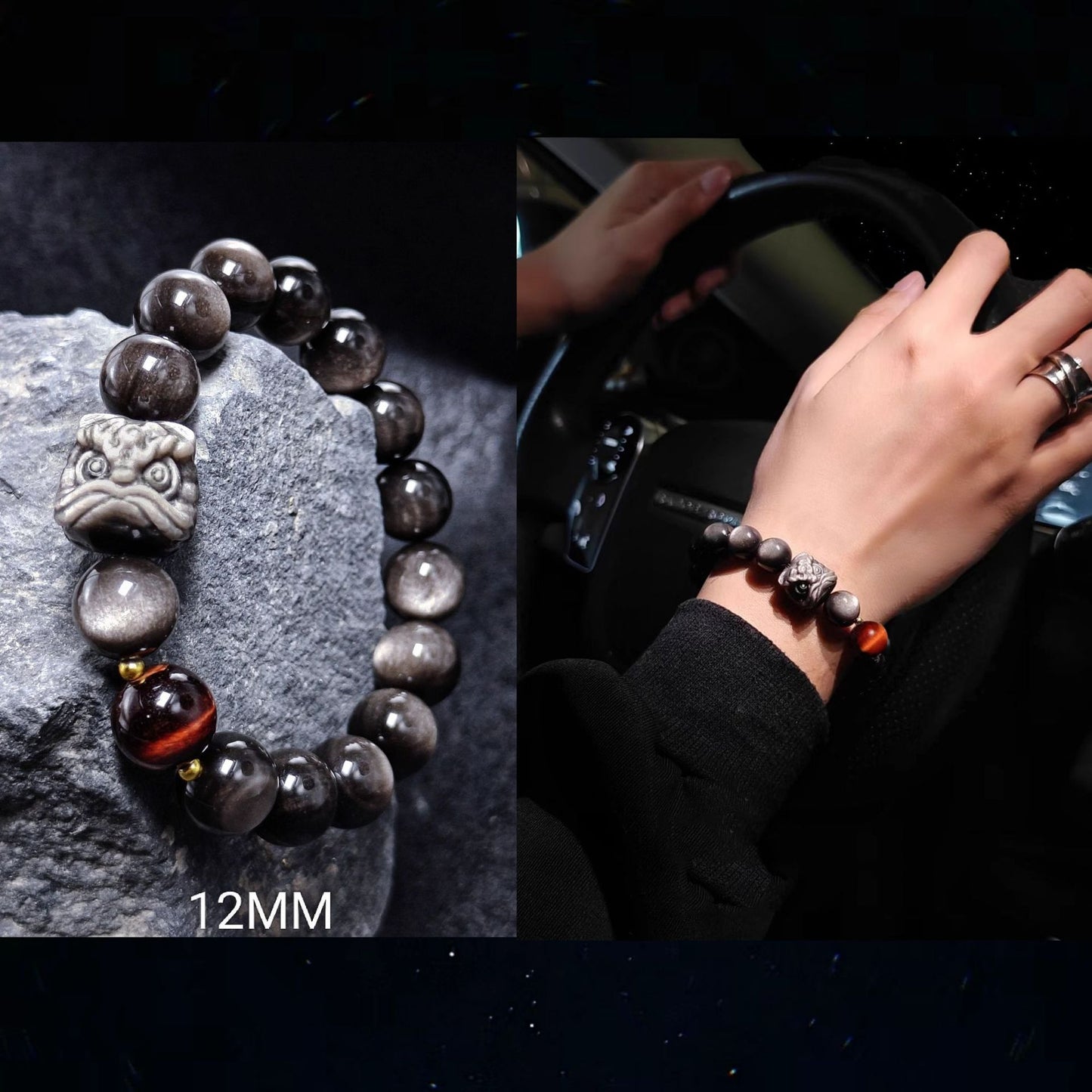 Lion Guardian Obsidian Bracelet with Tiger’s Eye & Dragon Crystal | Men’s Protection Beaded Jewelry