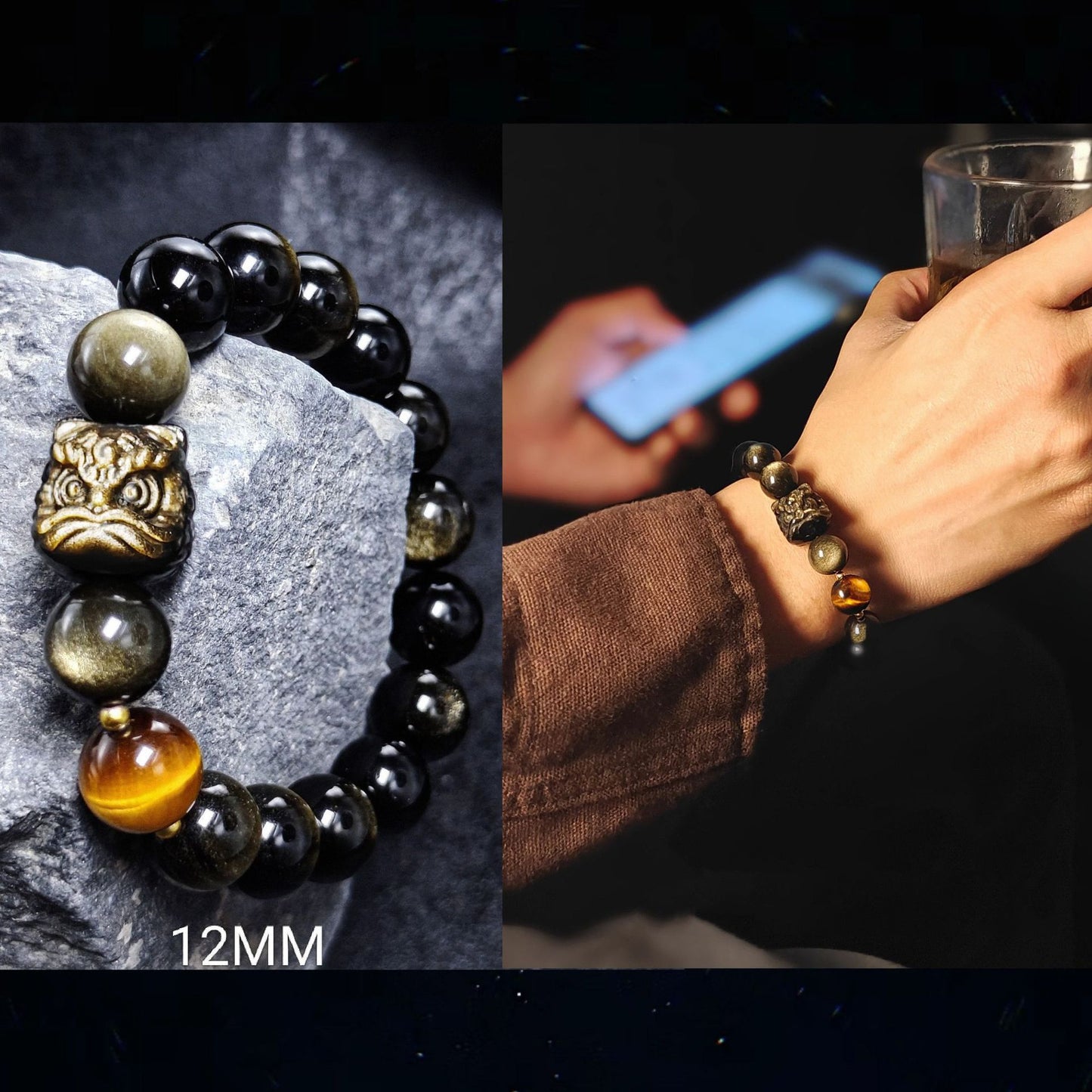 Lion Guardian Obsidian Bracelet with Tiger’s Eye & Dragon Crystal | Men’s Protection Beaded Jewelry