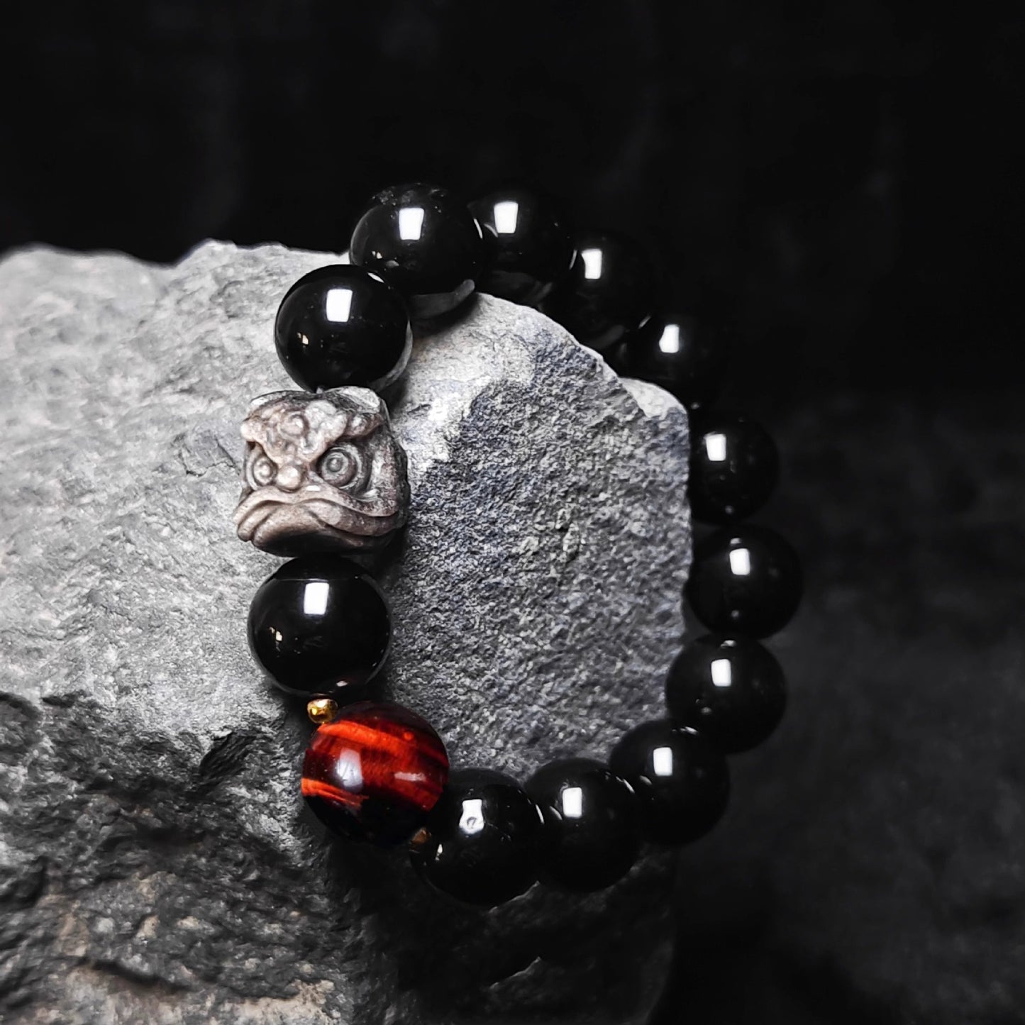 Lion Guardian Obsidian Bracelet with Tiger’s Eye & Dragon Crystal | Men’s Protection Beaded Jewelry
