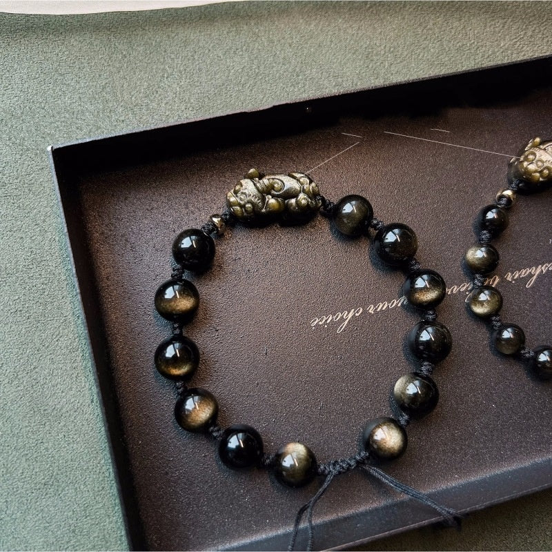 Natural Black Obsidian Bead Bracelet with Adjustable Braided Cord – Unisex Jewelry Gift