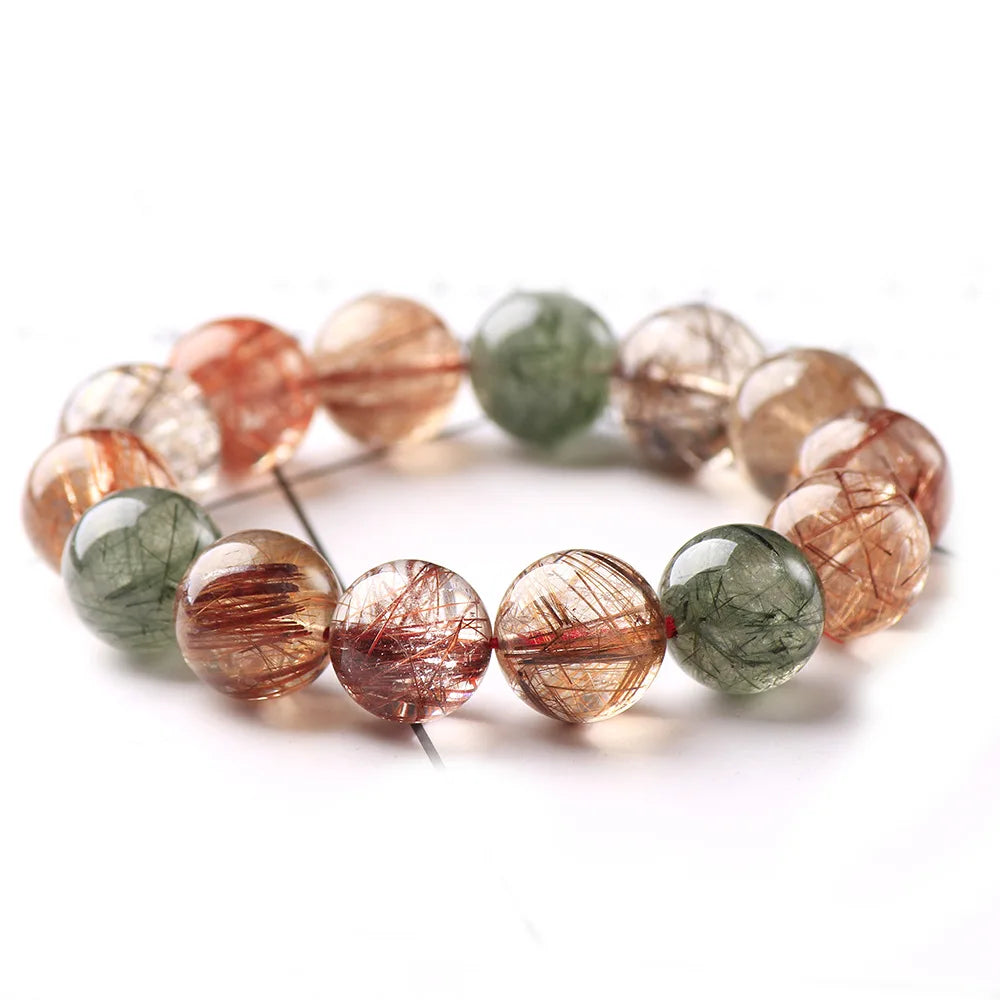 Natural Colorful Rutilated Quartz Beaded Bracelet for Men and Women – Round Crystal Jewelry