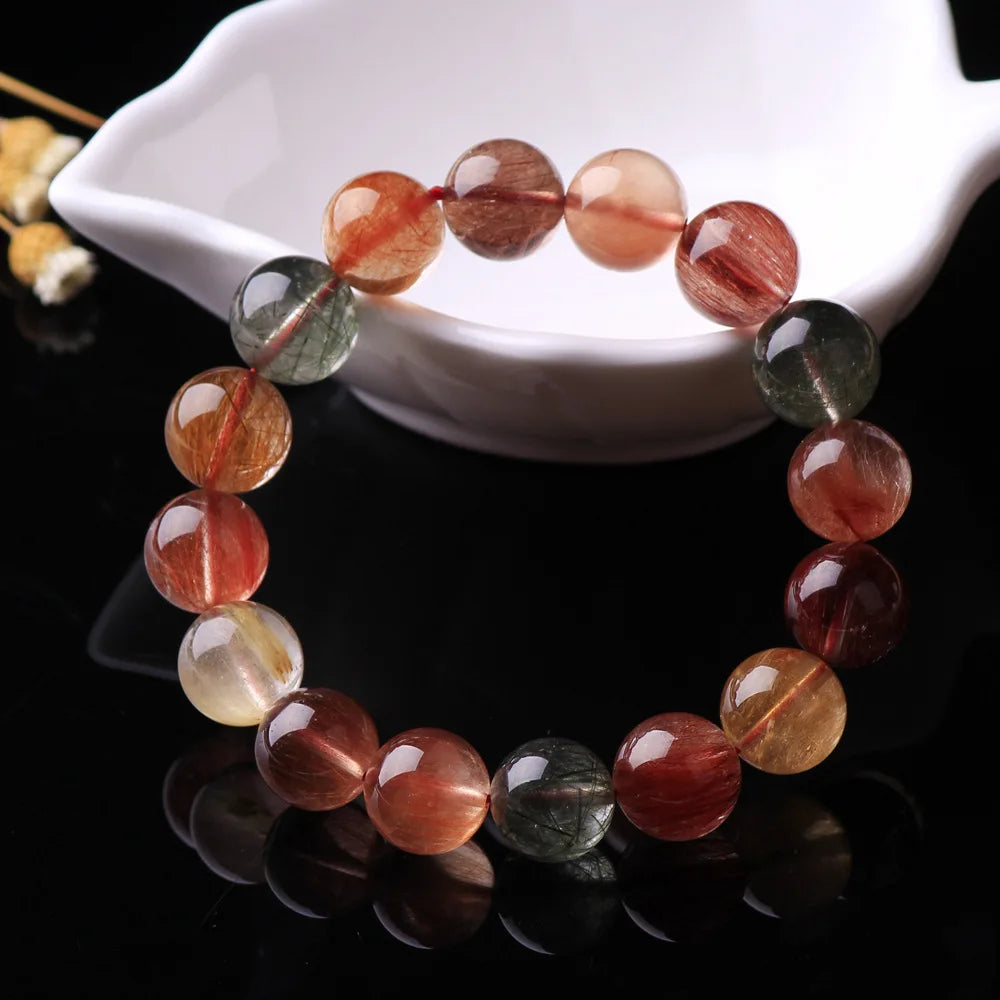 Natural Colorful Rutilated Quartz Beaded Bracelet for Men and Women – Round Crystal Jewelry