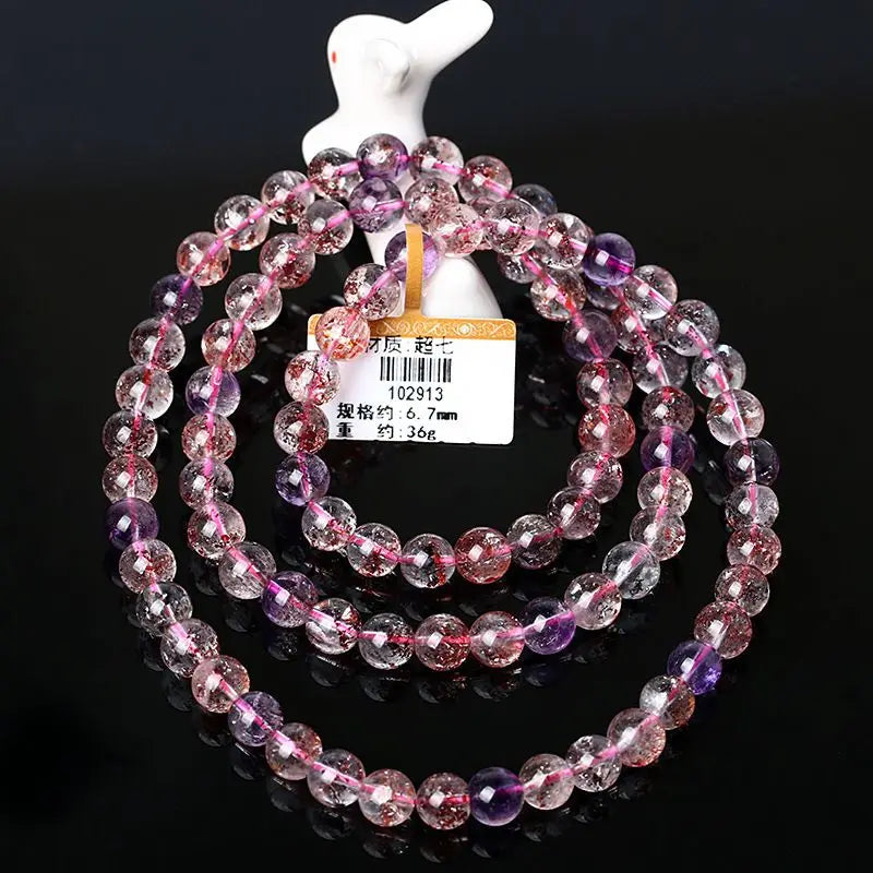 Natural Super Seven Crystal Beaded Bracelet – Amethyst and Strawberry Quartz Jewelry for Men and Women
