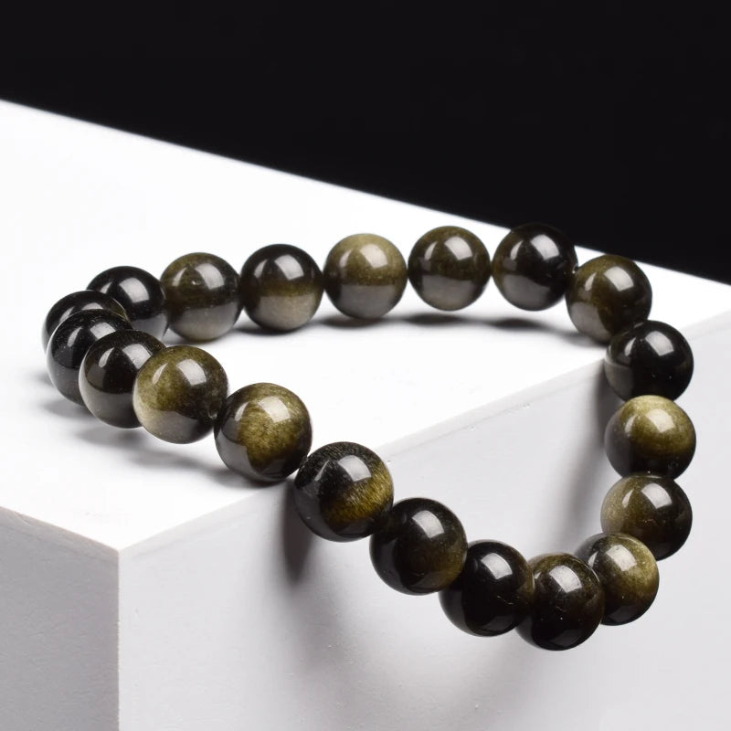 Natural Golden Obsidian Bead Bracelet for Men and Women – Round Energy Stone Jewelry