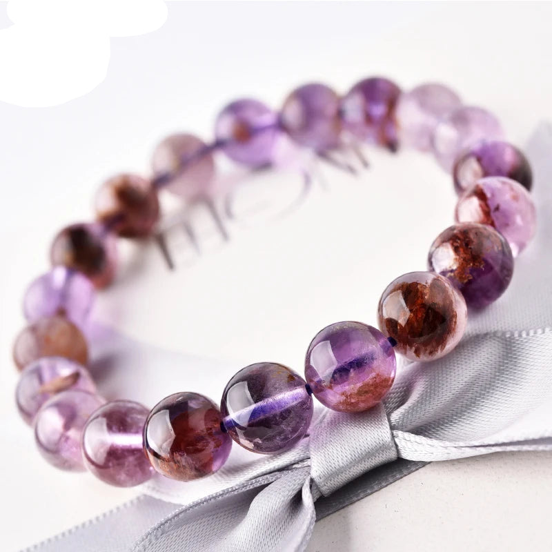 Natural Purple Ghost Crystal Beaded Bracelet – Round Gemstone Jewelry for Men and Women