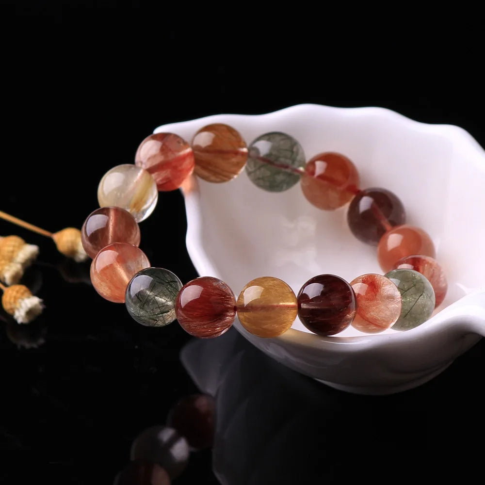 Natural Colorful Rutilated Quartz Beaded Bracelet for Men and Women – Round Crystal Jewelry