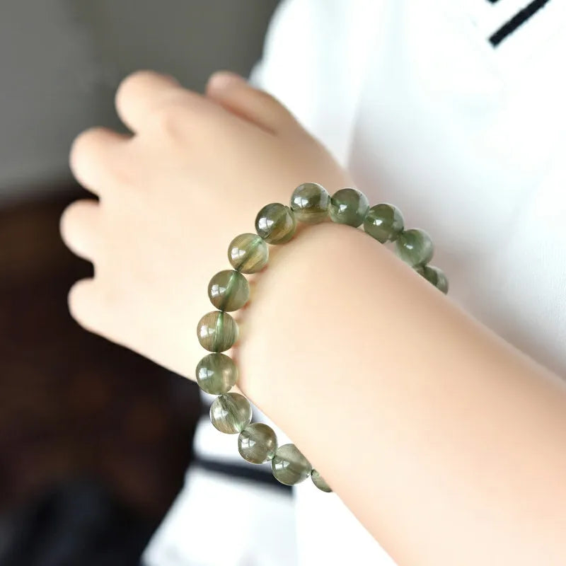 Natural Green Rutilated Quartz Beaded Bracelet – Gemstone Jewelry for Men and Women