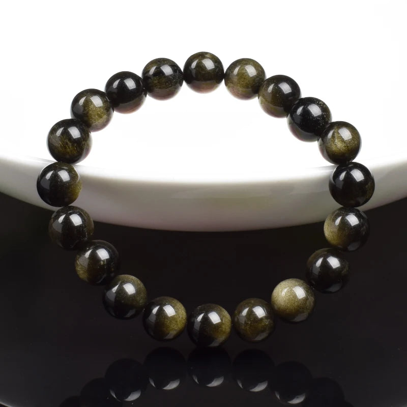 Natural Golden Obsidian Bead Bracelet for Men and Women – Round Energy Stone Jewelry
