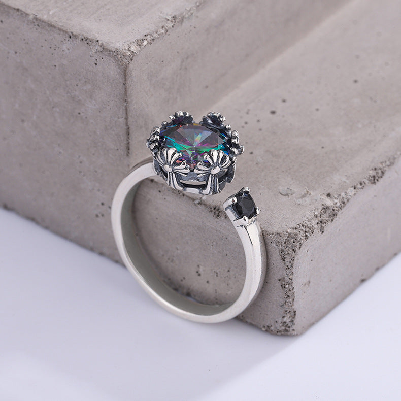 925 Silver Unique Vintage Crow Iris Cross Flower Crown Ring