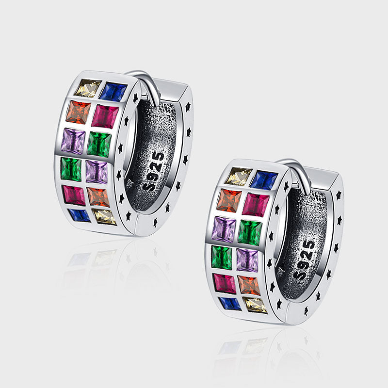 S925 Sterling Silver Fashion Colorful Rainbow Zircon Square Earrings