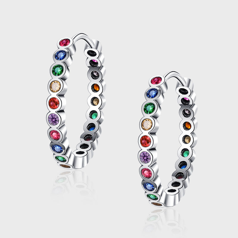 S925 Sterling Silver Large Circle Colorful Zircon Earrings Female