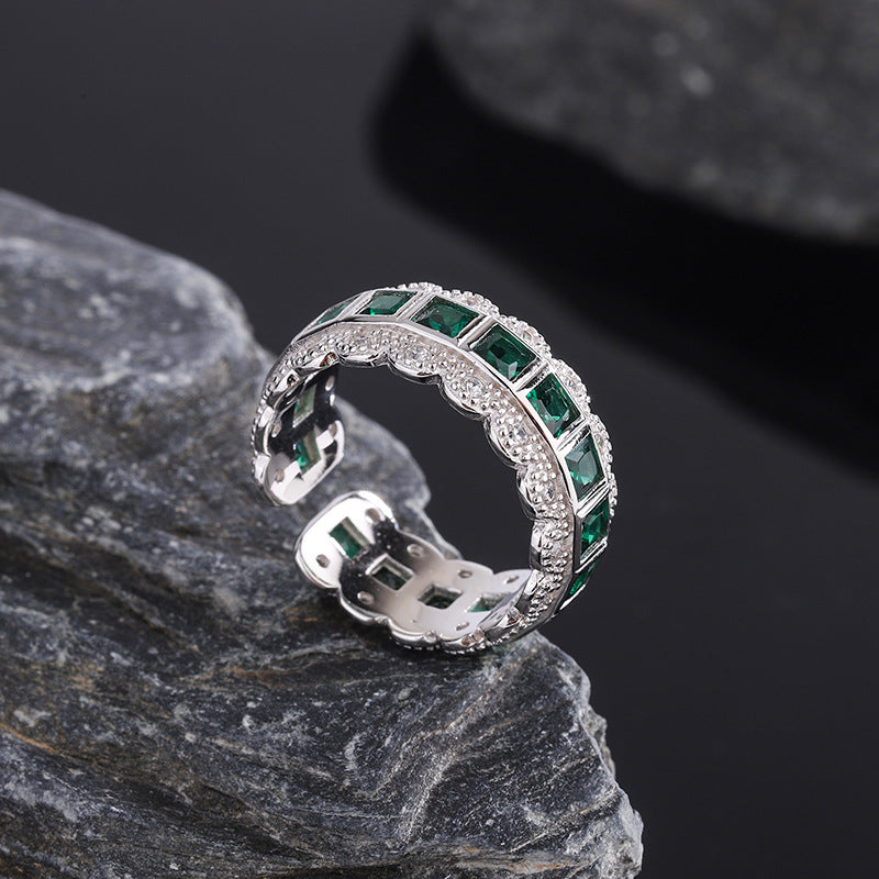 925 Sterling Silver Lace Edge Green Zirconium Ring Female