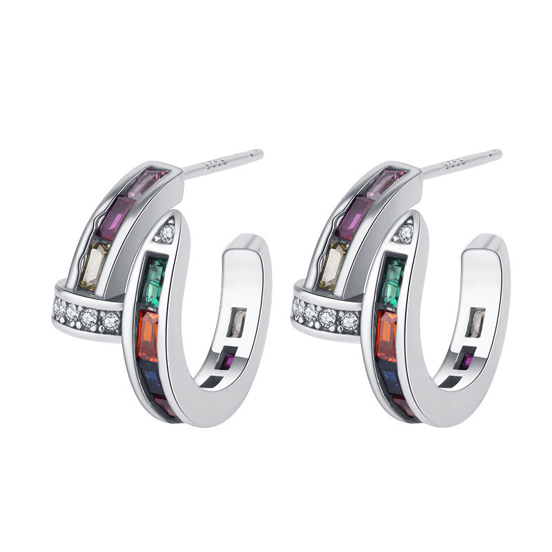 Sterling Silver S925 Colorful Diamond Inlaid Gem Nail Seven Rainbow Earrings