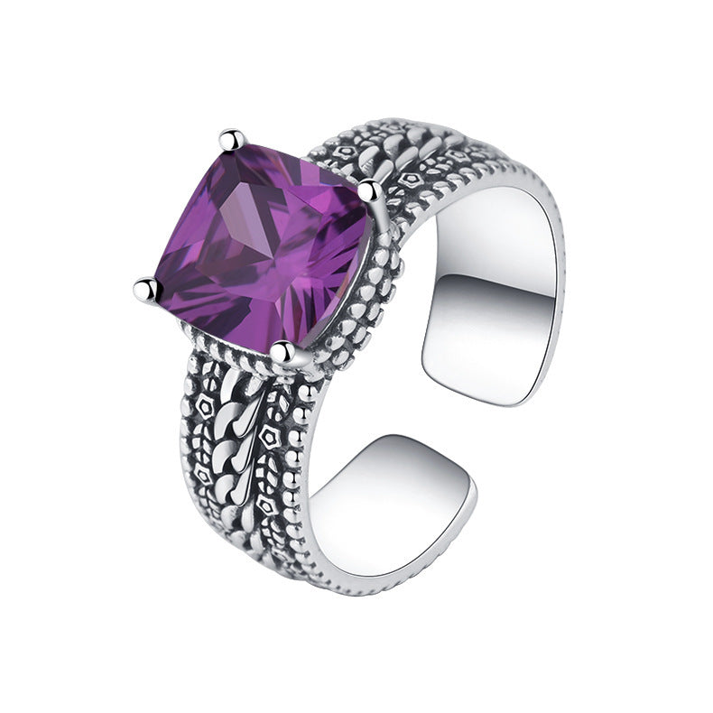 S925 Sterling Silver Square Crystal Purple Simple Fried Dough Twist Temperament Heavy Industry Vintage Ring