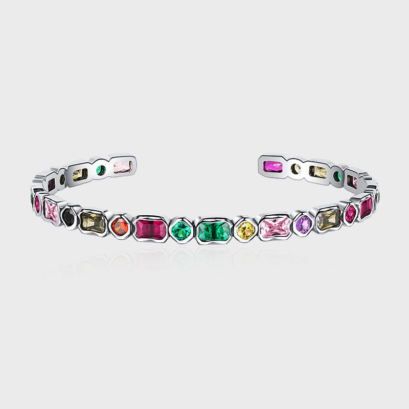 925French Vintage Vintage Style Geometric Diamond Inlaid Rainbow Zircon Sterling Silver Heavy Industry Irregular Bracelet