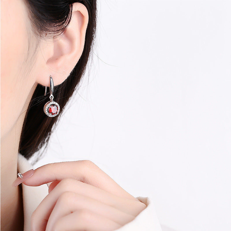 Pomegranate Red Earrings Round Red Earrings S925 Silver Ear Pendant