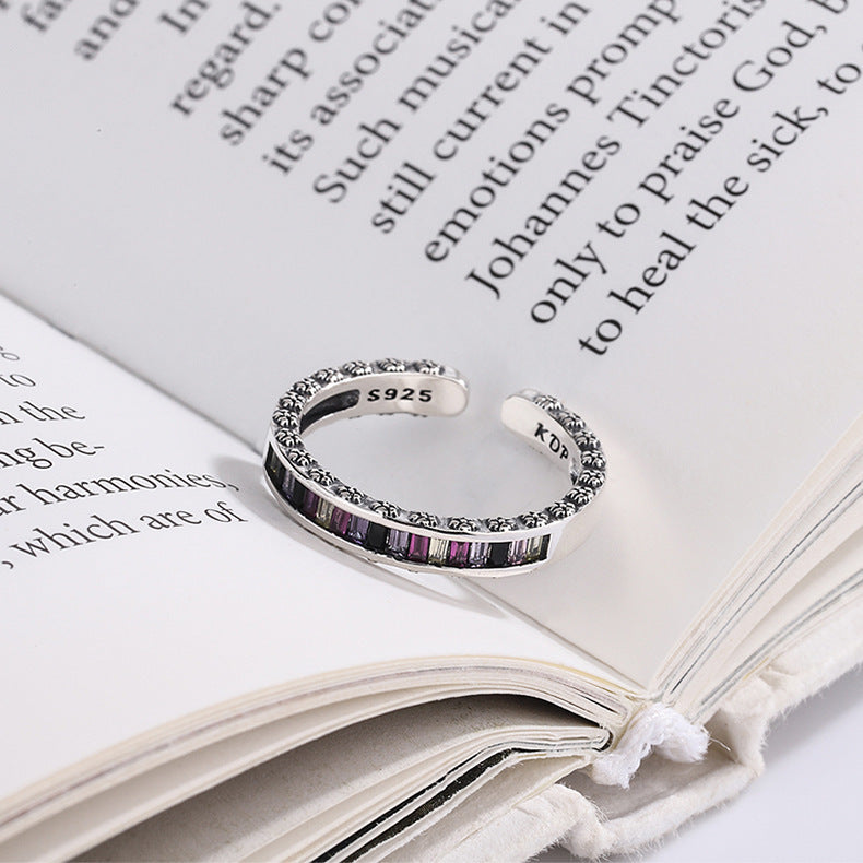 S925 Sterling Silver Heavy Industry Rainbow Zircon Ring Girl