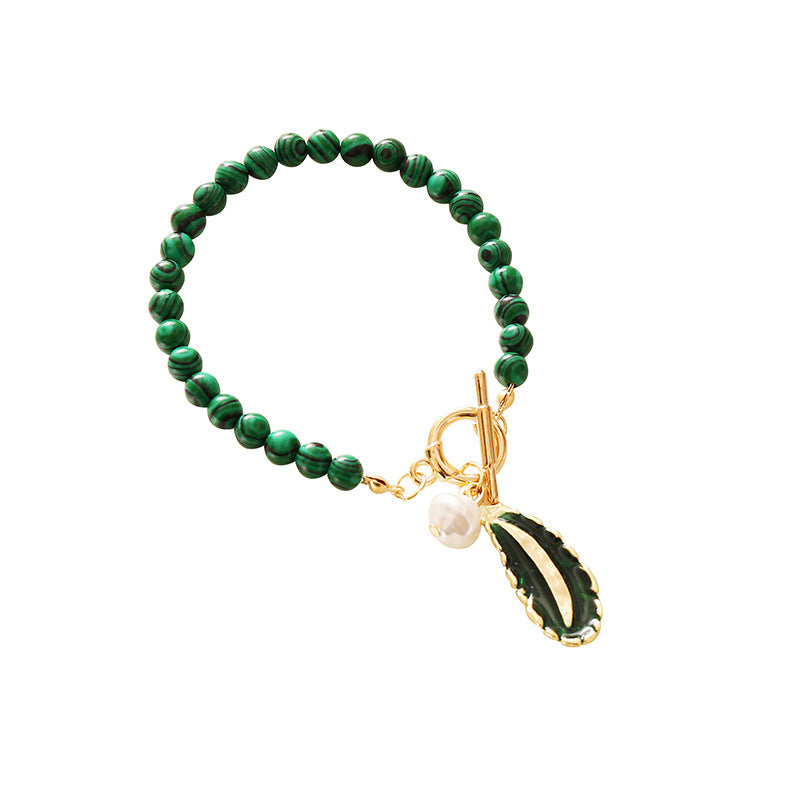 Unique Vintage Fashion Malachite Leaf & Pearl Jewelry