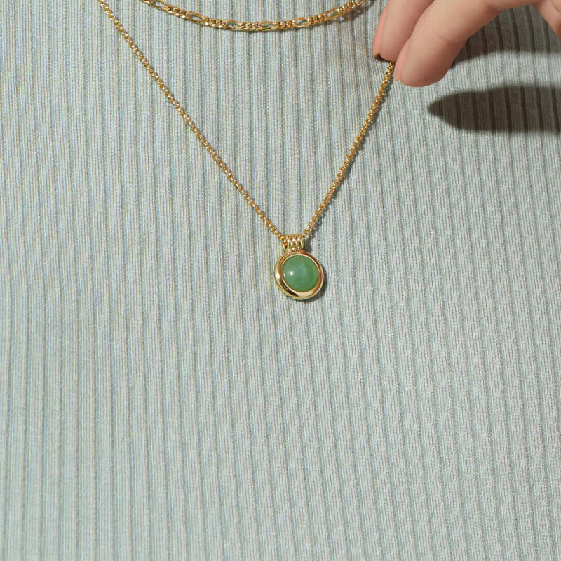 Minimalist Natural Stone & Gemstone Double-layer Necklace with Green Aventurine and Figaro Titanium Steel Chain