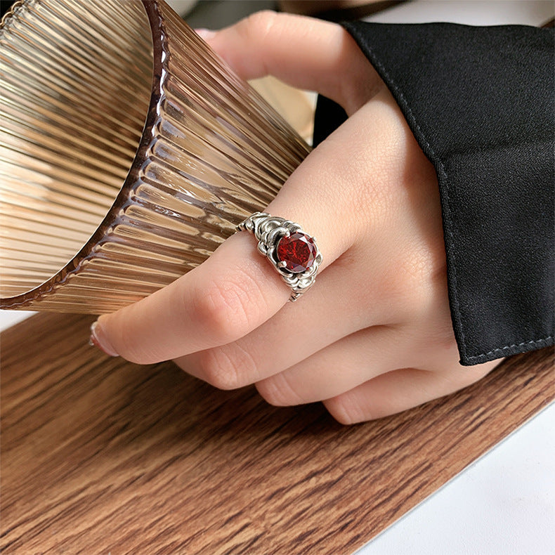 Original S925 Sterling Silver Trend Woven Red Zircon Ring