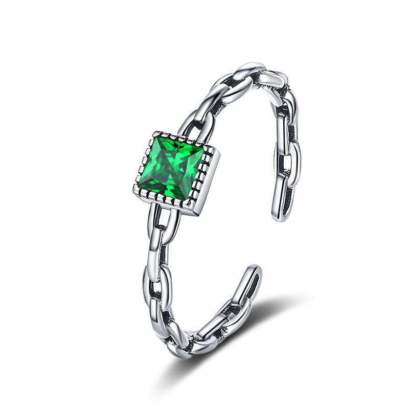 S925 Sterling Silver Emerald Zircon Chain Ring