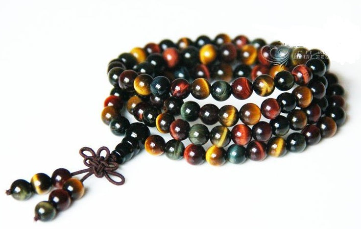 Natural Crystal Red, Yellow, Blue Tigereye 108 Bead Bracelet - Unisex Couple Jewelry