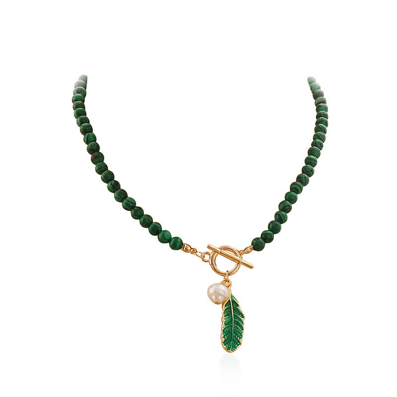 Unique Vintage Fashion Malachite Leaf & Pearl Jewelry