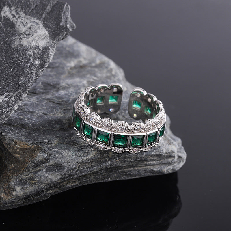 925 Sterling Silver Lace Edge Green Zirconium Ring Female