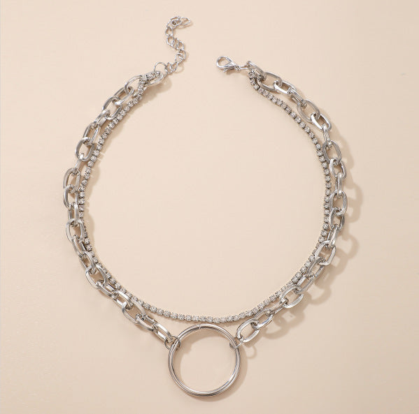 Thin and Thick Chain Hollow Necklace with Diamond Circle