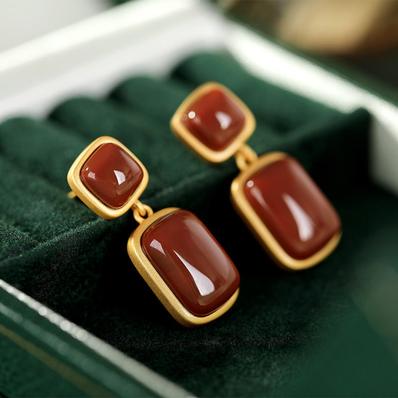 S925 Sterling Silver Gold-plated Southern Red Agate Earrings