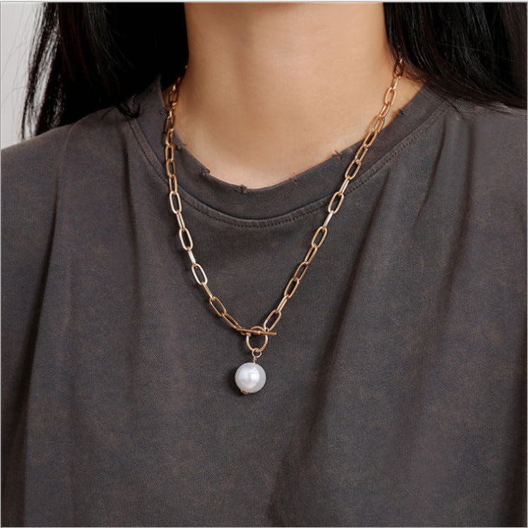 Quality Punk Simulated Pearl Pendant Necklaces for Women Shine Link Chain Layer Necklace Lasso Lariat Curb Cuban Collars Jewelry